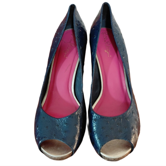 Lilly Pulitzee Blue Leather Peep Toe Ostrich Wedge Women’s Shoes Size 8.5 M - Picture 2 of 11